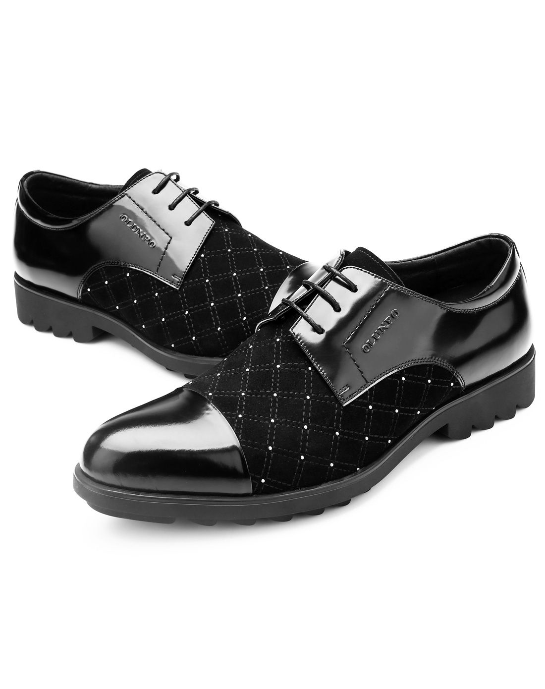 黑色拼接印花漆光皮鞋