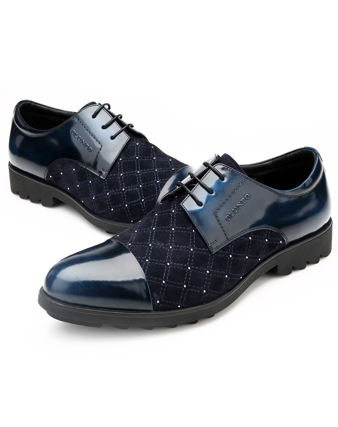 蓝色拼接印花漆光皮鞋