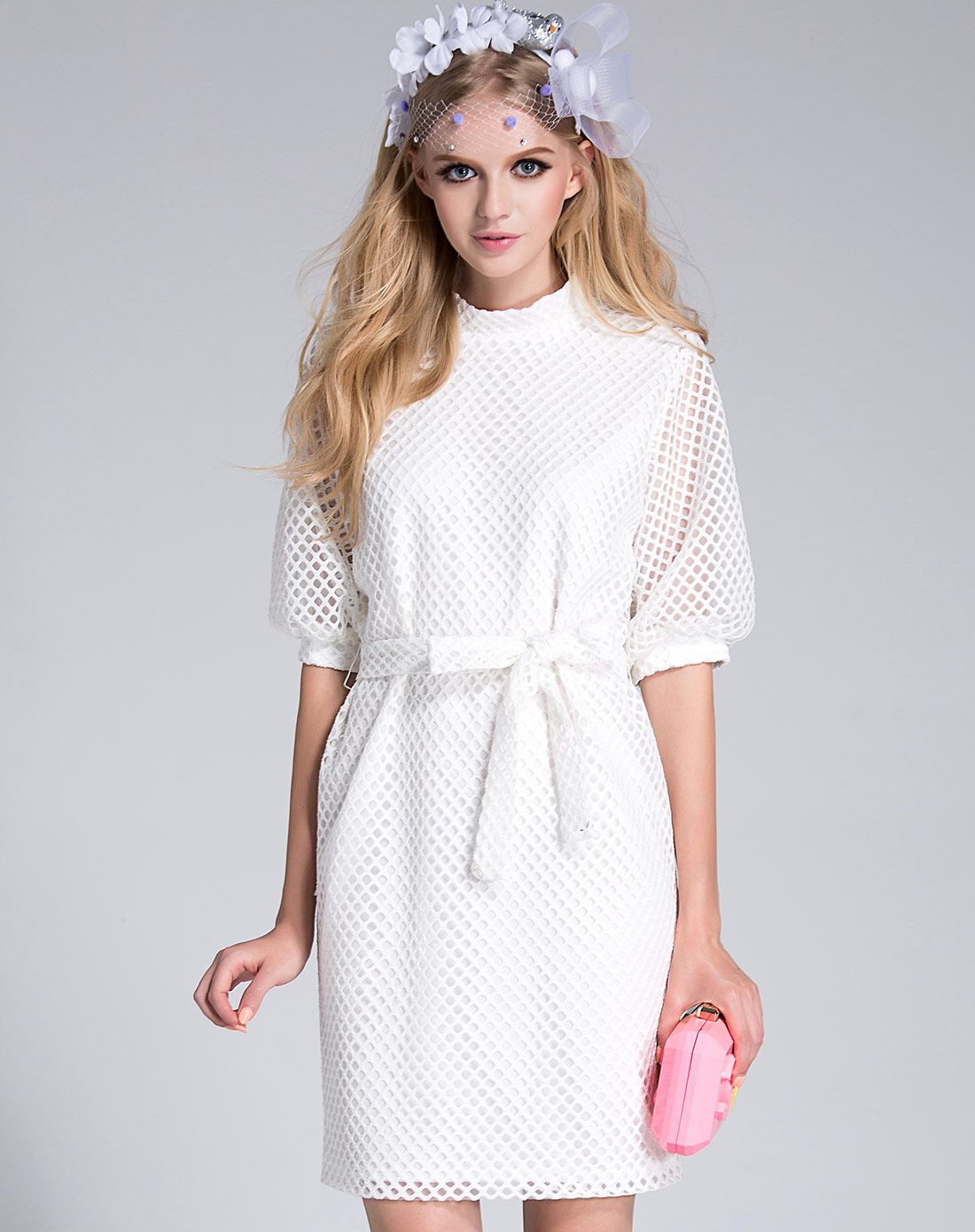 移动端专场白色五分灯笼袖立领格子修身舒适连衣裙md85009887_唯品会