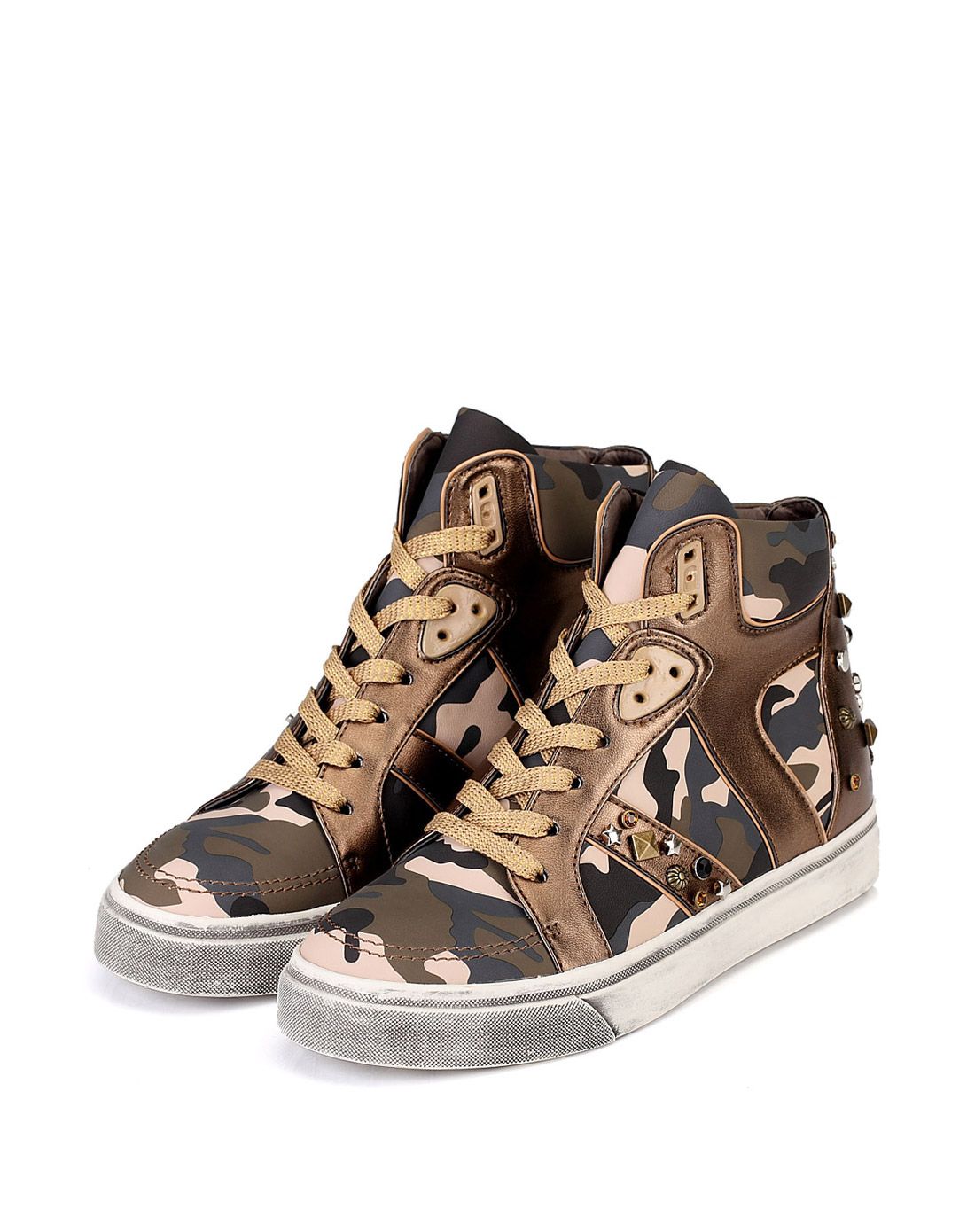 海军绿圆头平底休闲铆钉系带高帮鞋