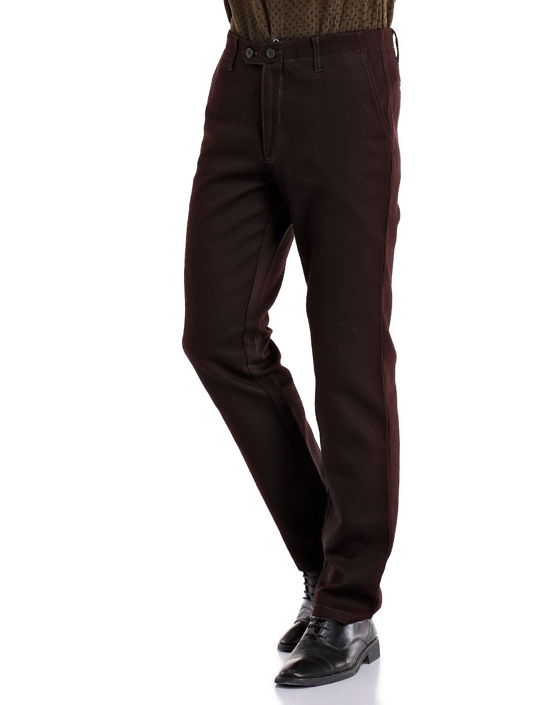 深褐色棉氨纶舒适修身休闲裤