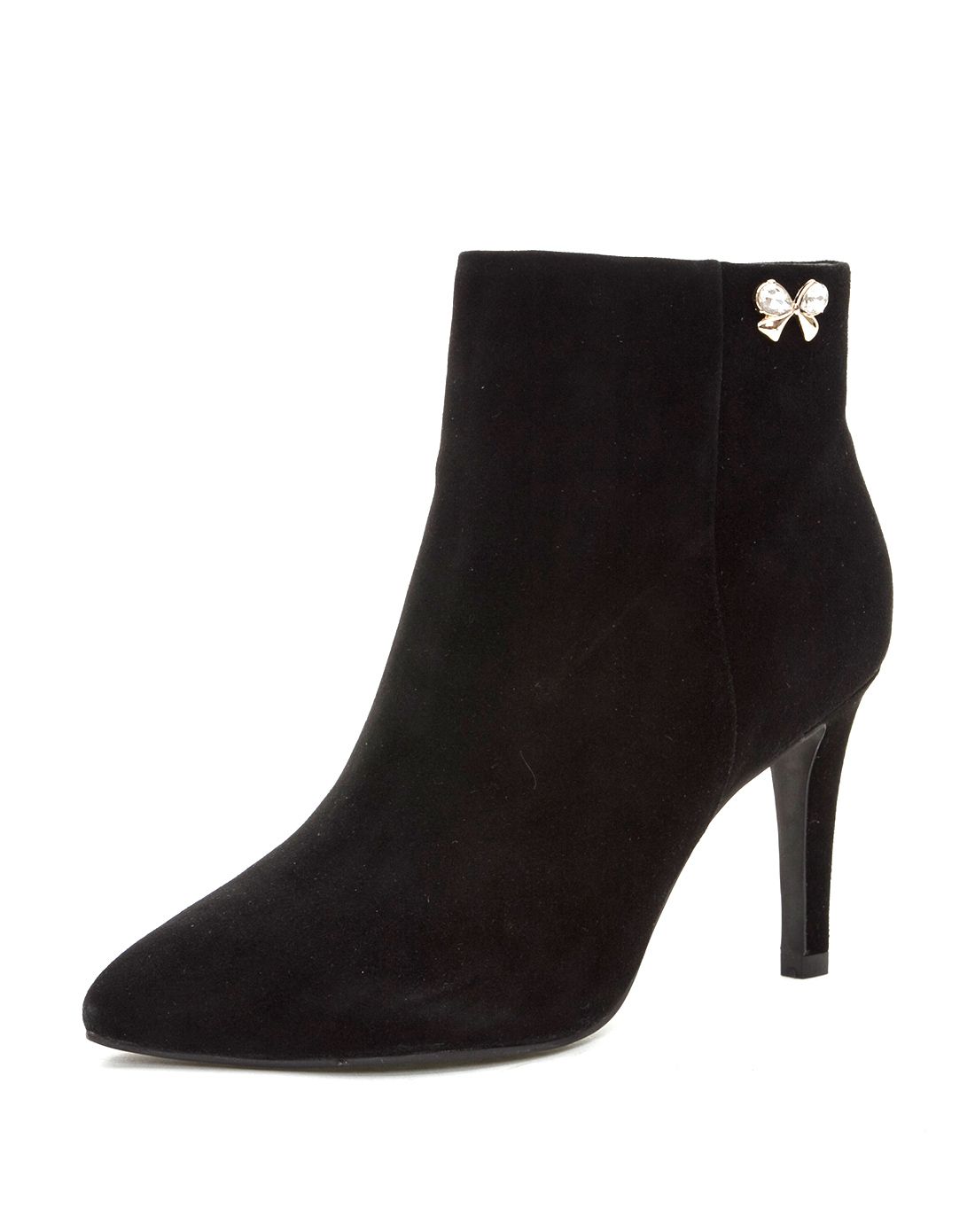 女士黑色细高跟侧面小蝴蝶结短靴