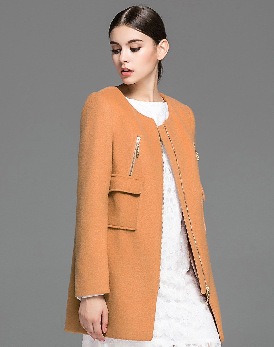 蜜糖色拉链设计呢料修身淑女大衣