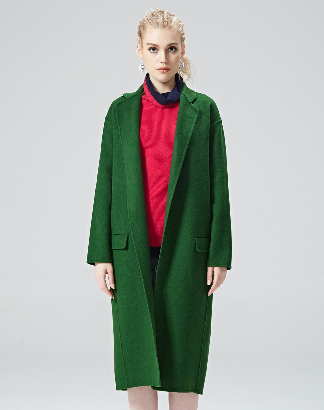 墨绿茧型双面呢大衣