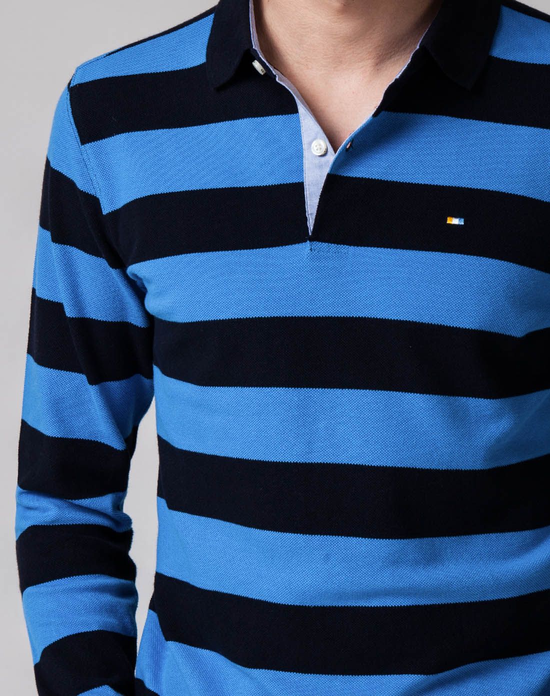 靛蓝色/深蓝色横条休闲长袖polo衫