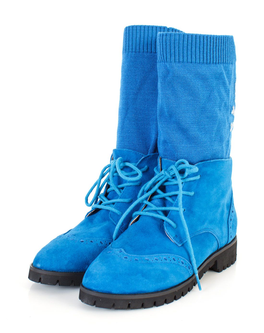 女款蓝色羊绒系带平跟短靴