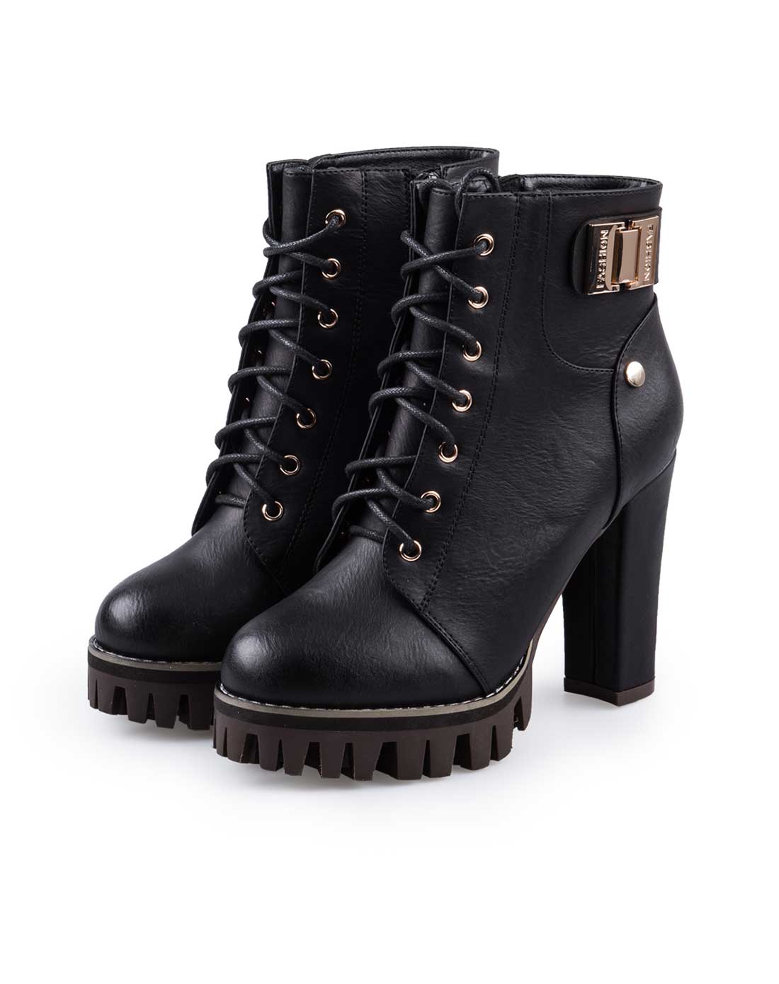 女款黑色皮带扣系带粗高跟马丁靴