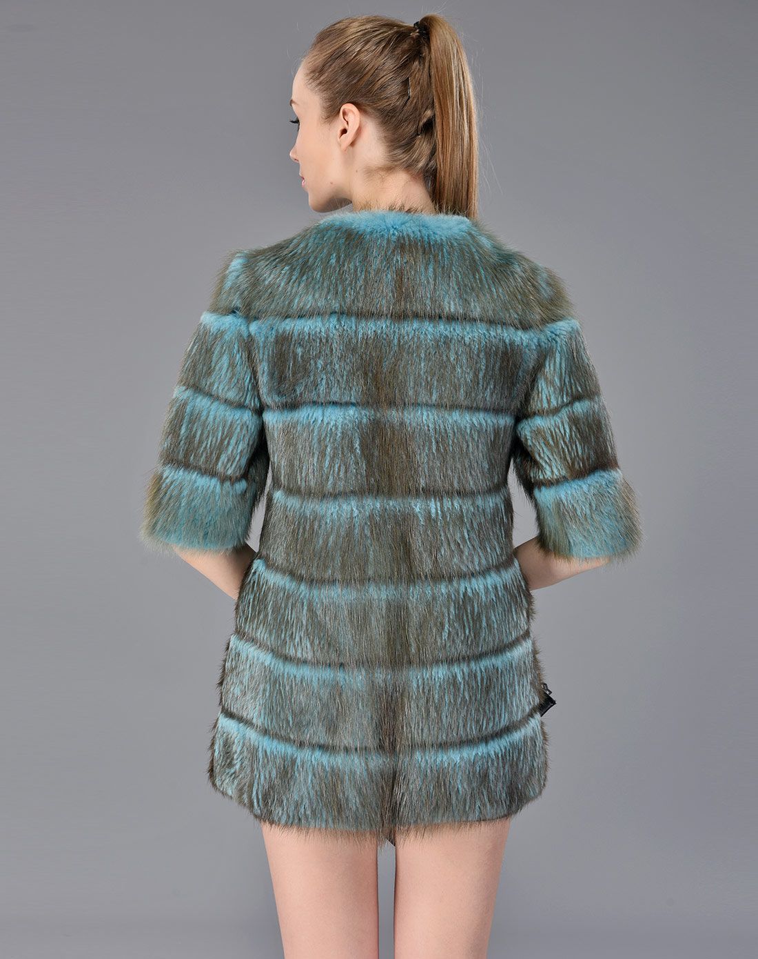 女款蓝色成熟优雅海狸毛半袖皮草