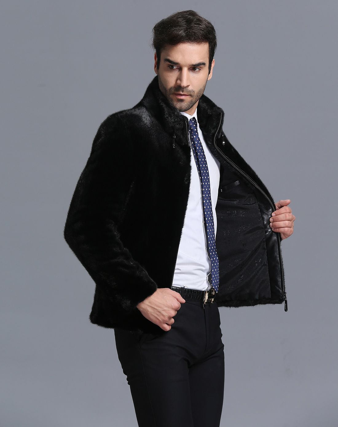 男款黑色时尚百搭立领水貂皮草