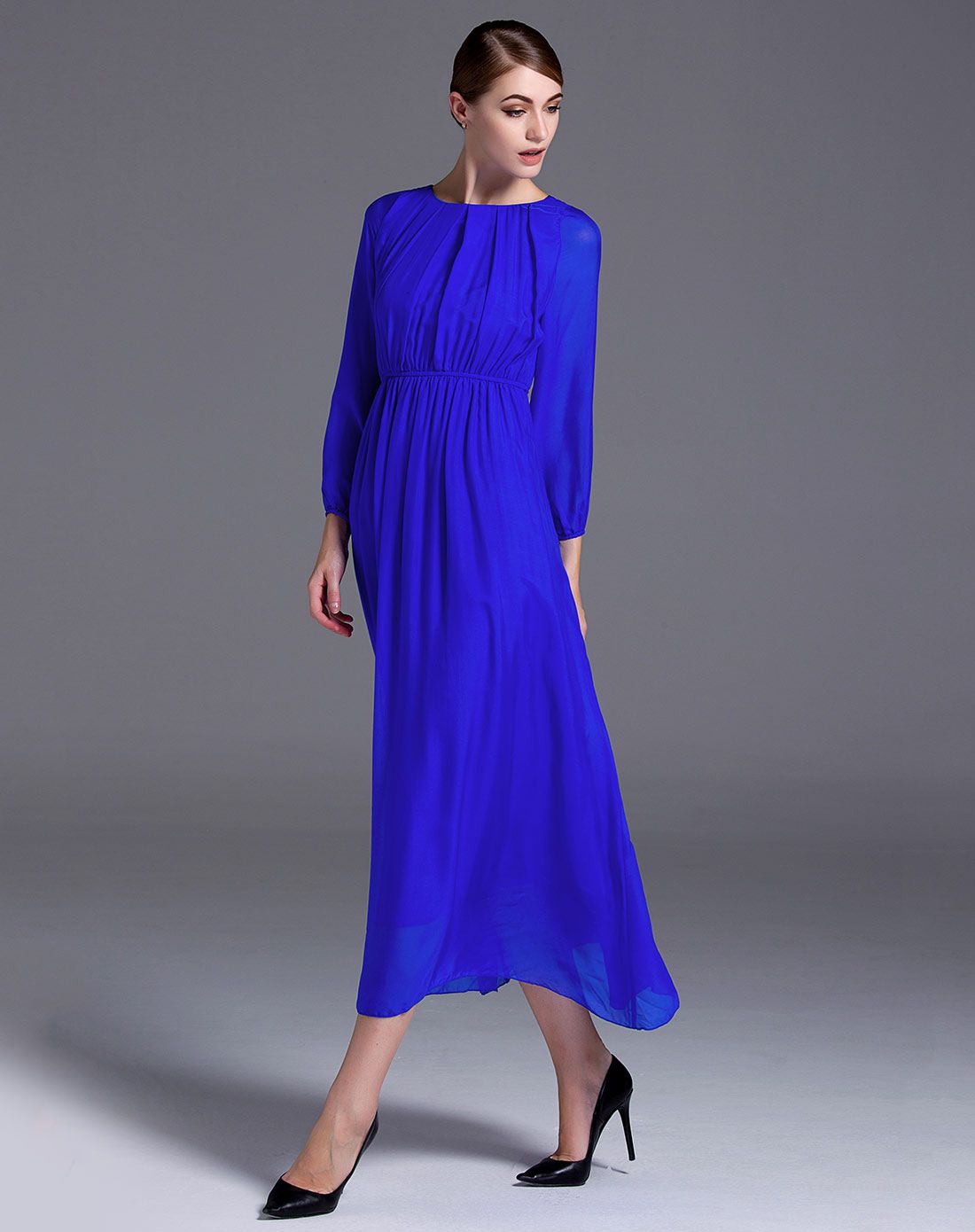 宝蓝色长袖圆领欧美风气质长款收腰连衣裙