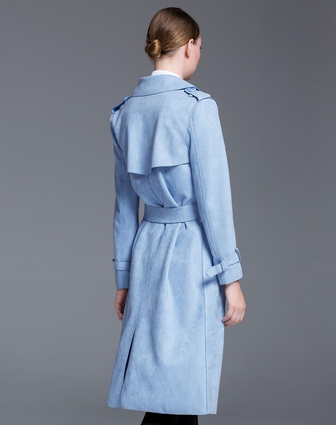 2015冬装新品 浅蓝色长袖翻领优雅气质风衣外套