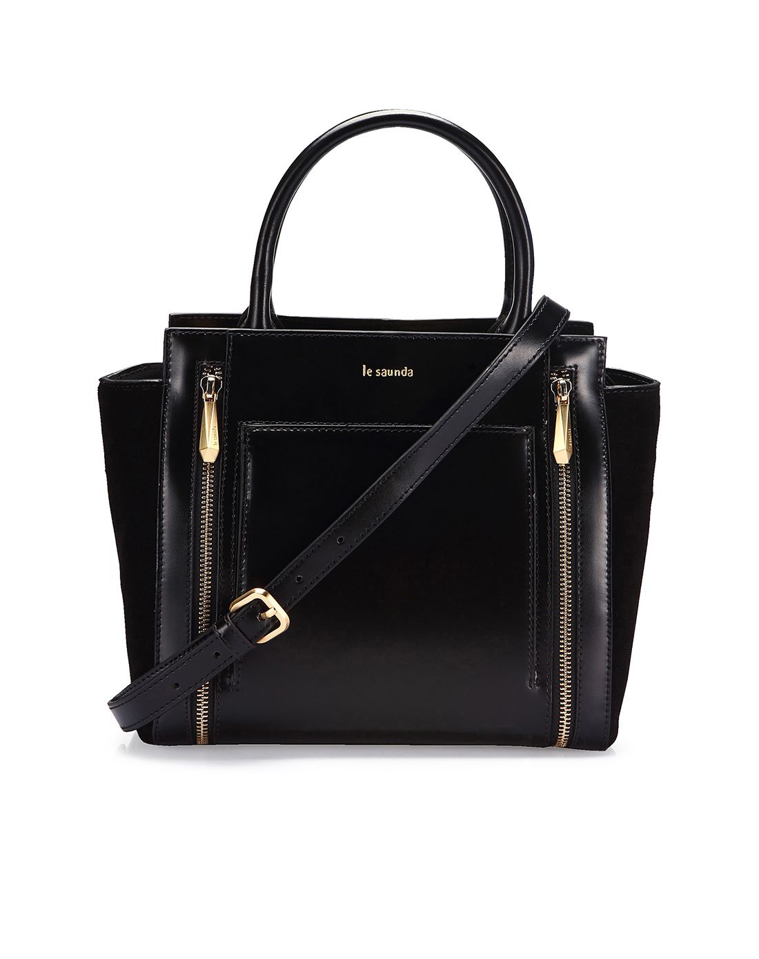 莱尔斯丹专柜同款黑色时尚拼接金链手提包