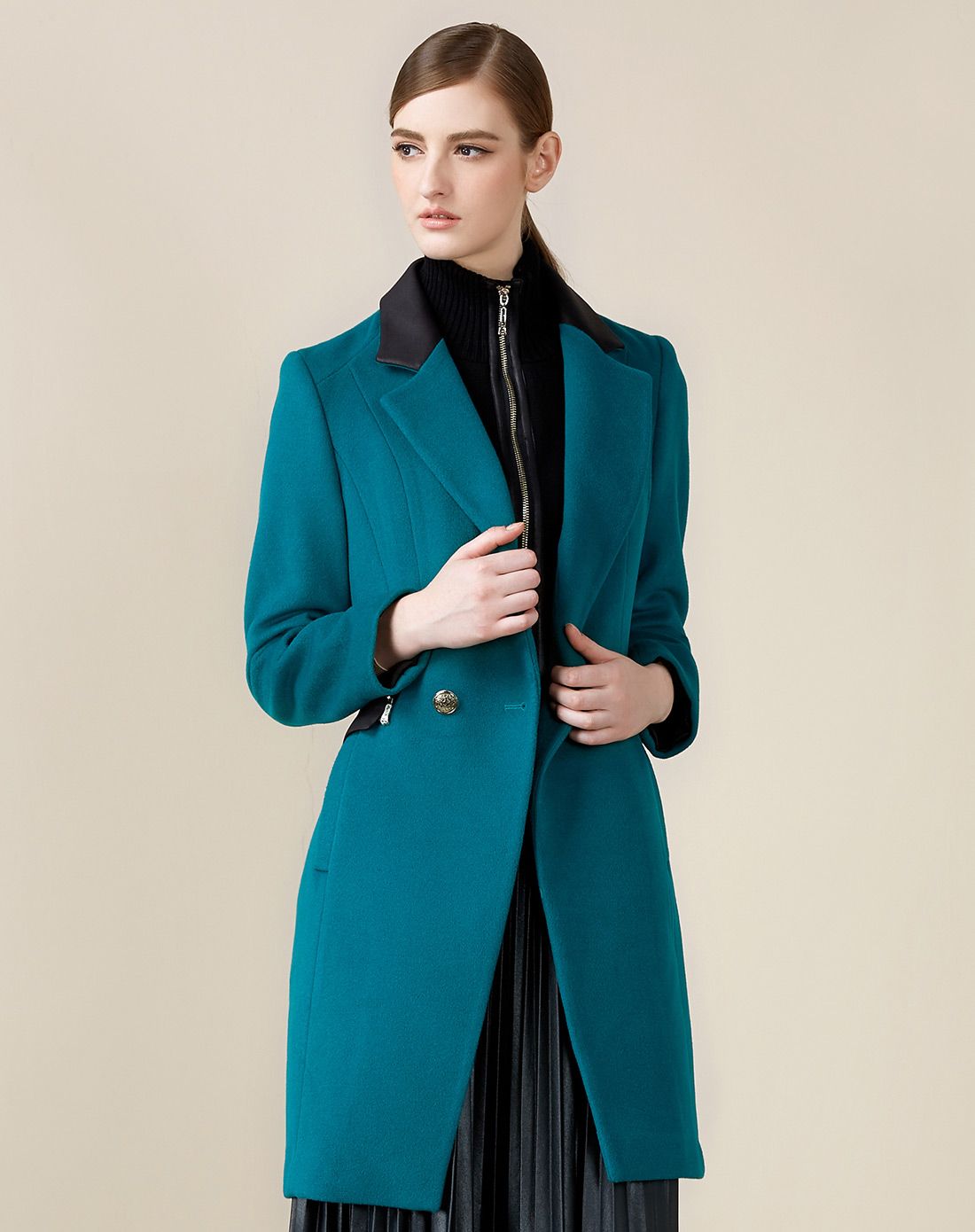 蓝绿色时尚简约拼接百搭毛呢大衣