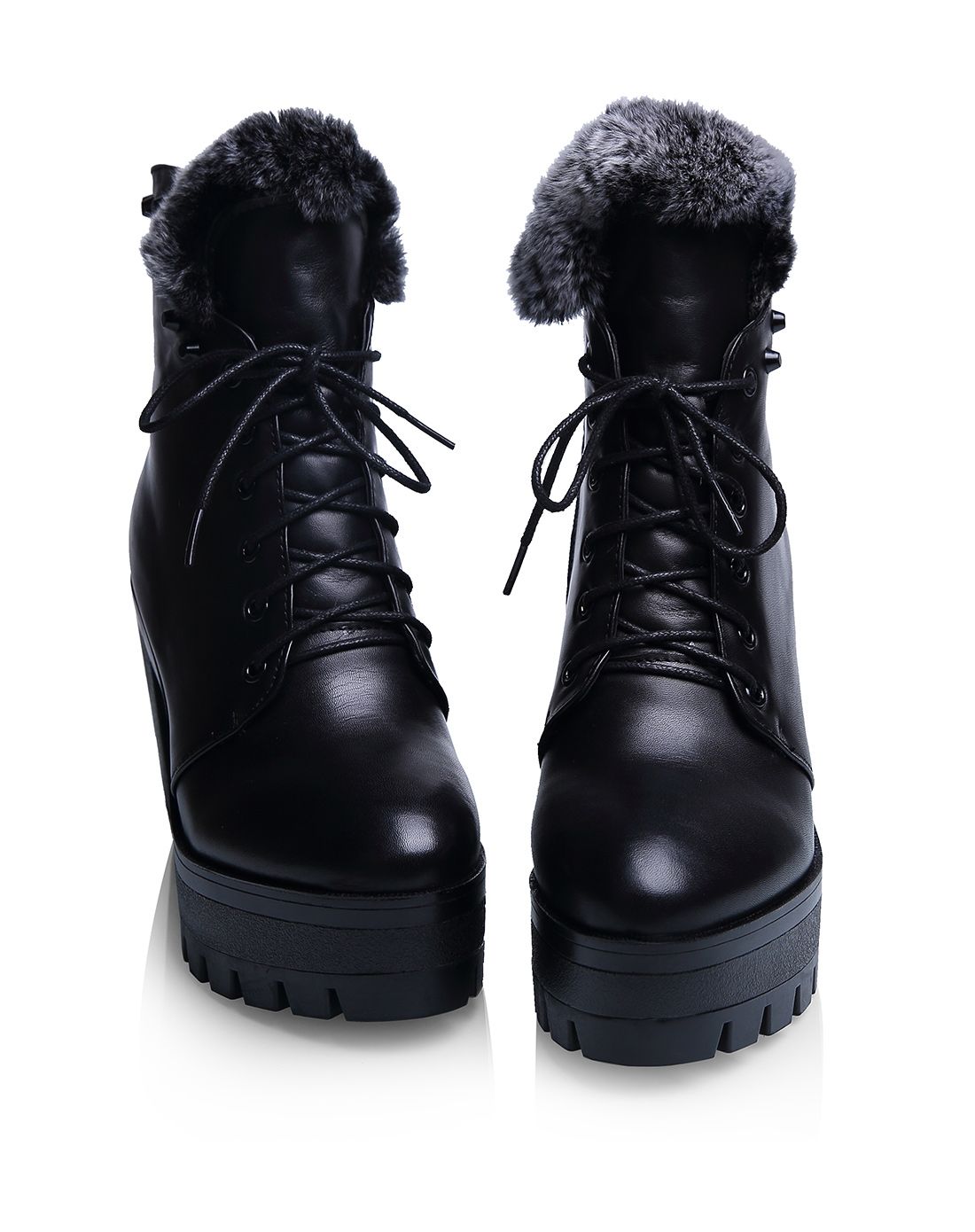 女款黑色牛皮马丁靴粗高跟系带机车靴