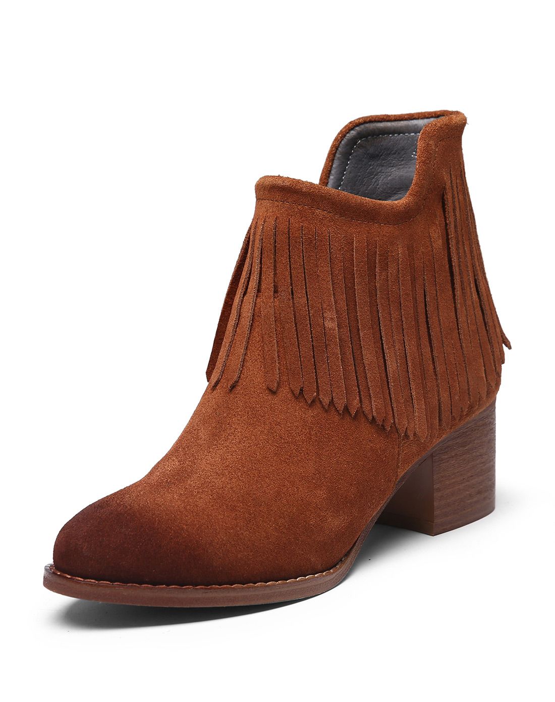 女款黄色牛绒流苏靴口短靴