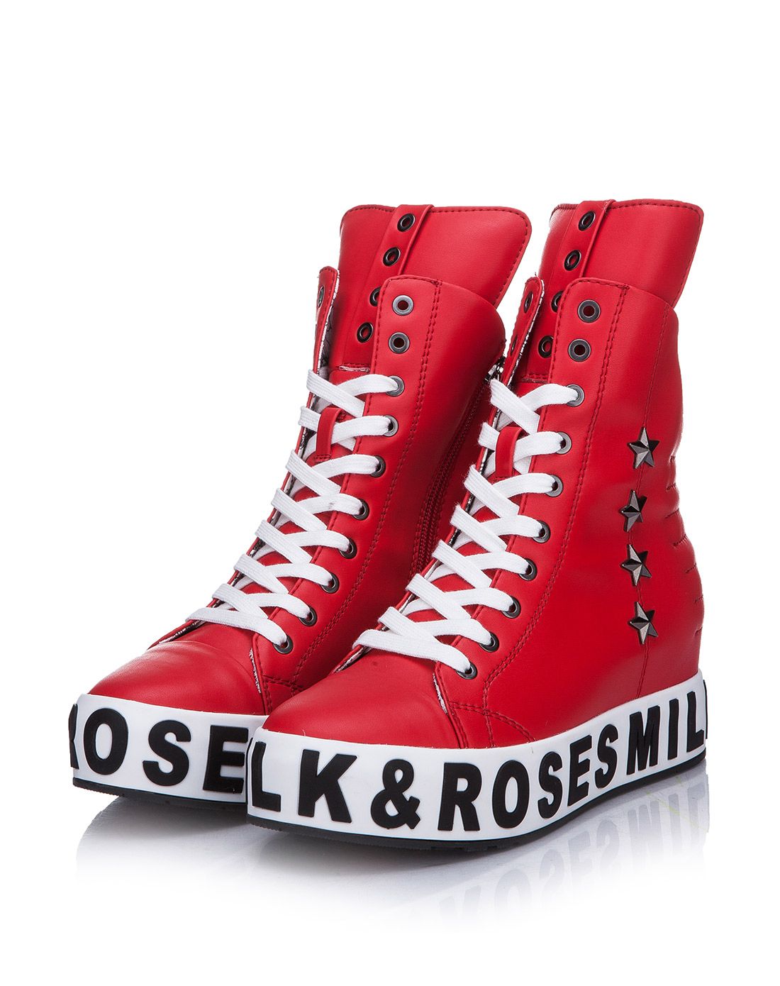 新款时尚内增高五角星铆钉红色高帮拉链鞋