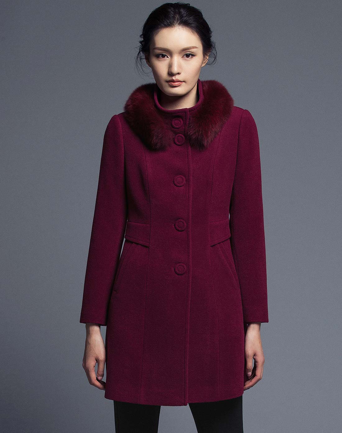 酒红色立领长袖单排扣百搭名媛中长款毛呢大衣