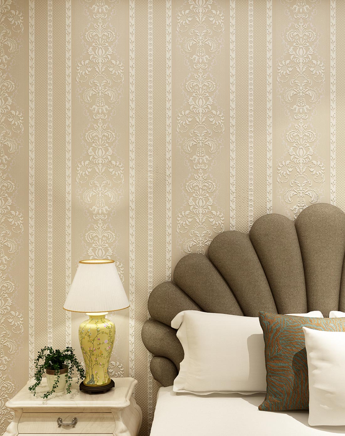 米黄3d立体欧式大马士革竖条纹无纺壁纸