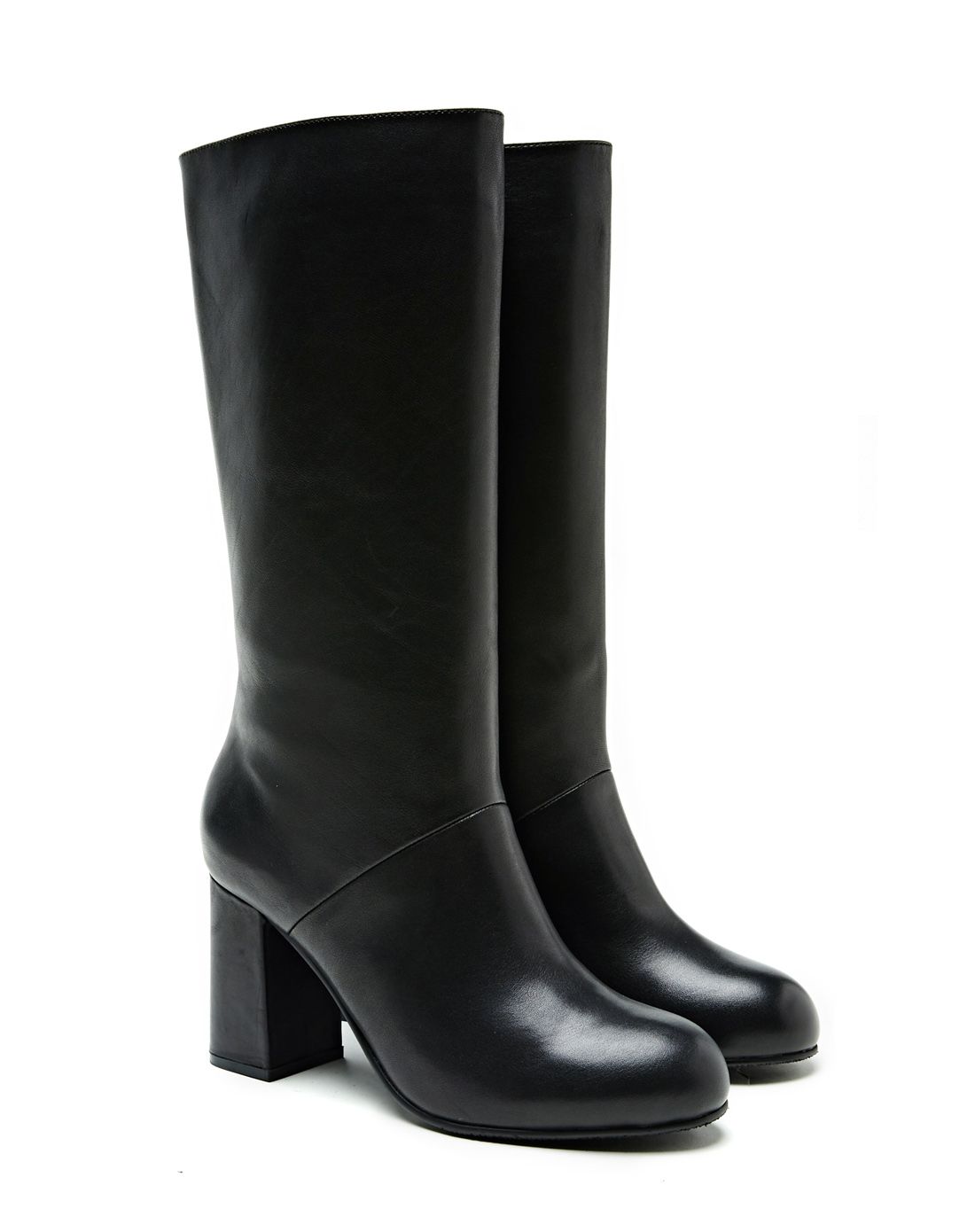 黑色牛皮高跟中筒靴