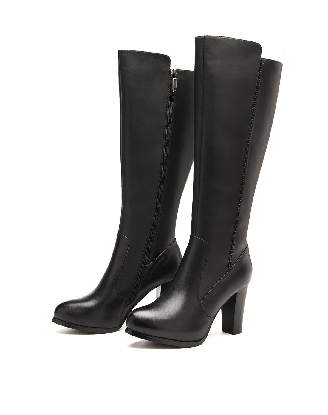 2015新品黑色头层牛皮时尚简约高跟粗跟长靴