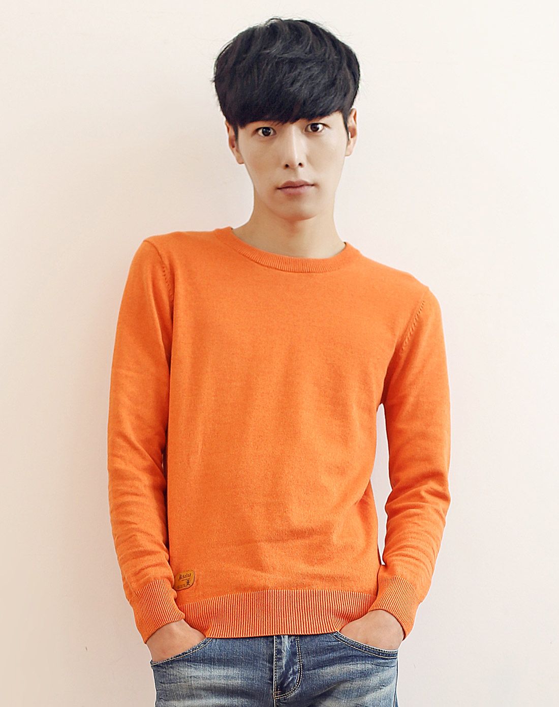 男橘色纯色圆领套头休闲毛衣