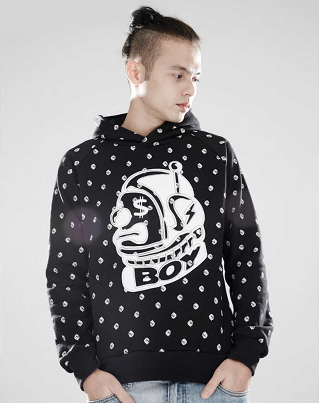 廖人帅潮牌 小丑logo波点圆舞曲黑色长袖连帽卫衣