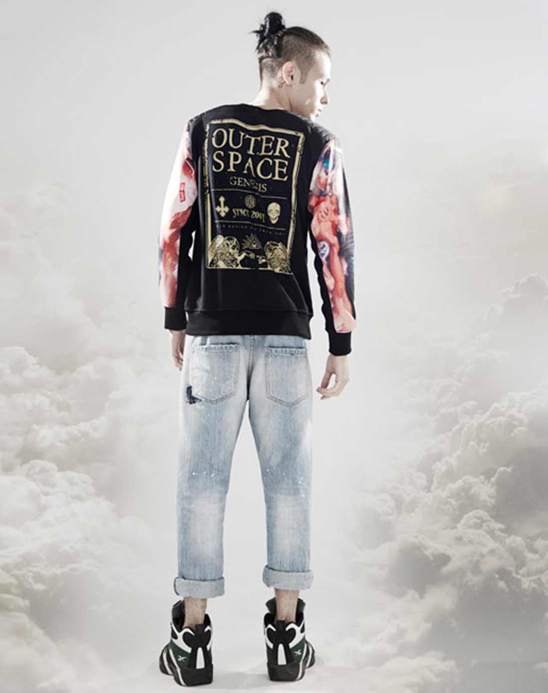 廖人帅潮牌 圆领长袖创世纪大学黑色短版t恤