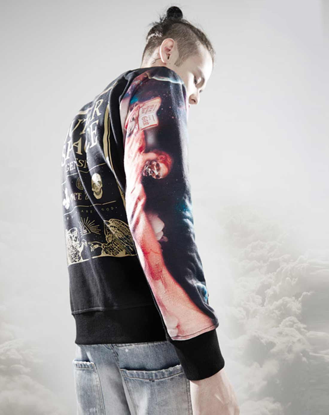 廖人帅潮牌 圆领长袖创世纪大学黑色短版t恤