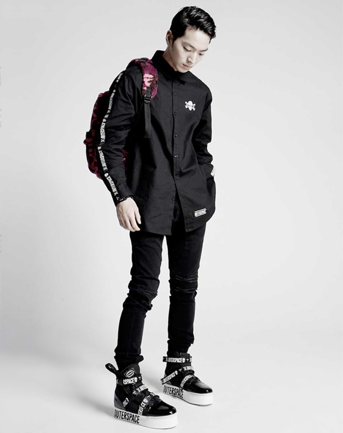 廖人帅潮牌 骷髅订制带白色长版小翻领休闲衬衫