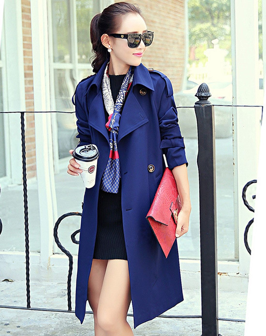 藏蓝色新款韩版时尚双排扣风衣