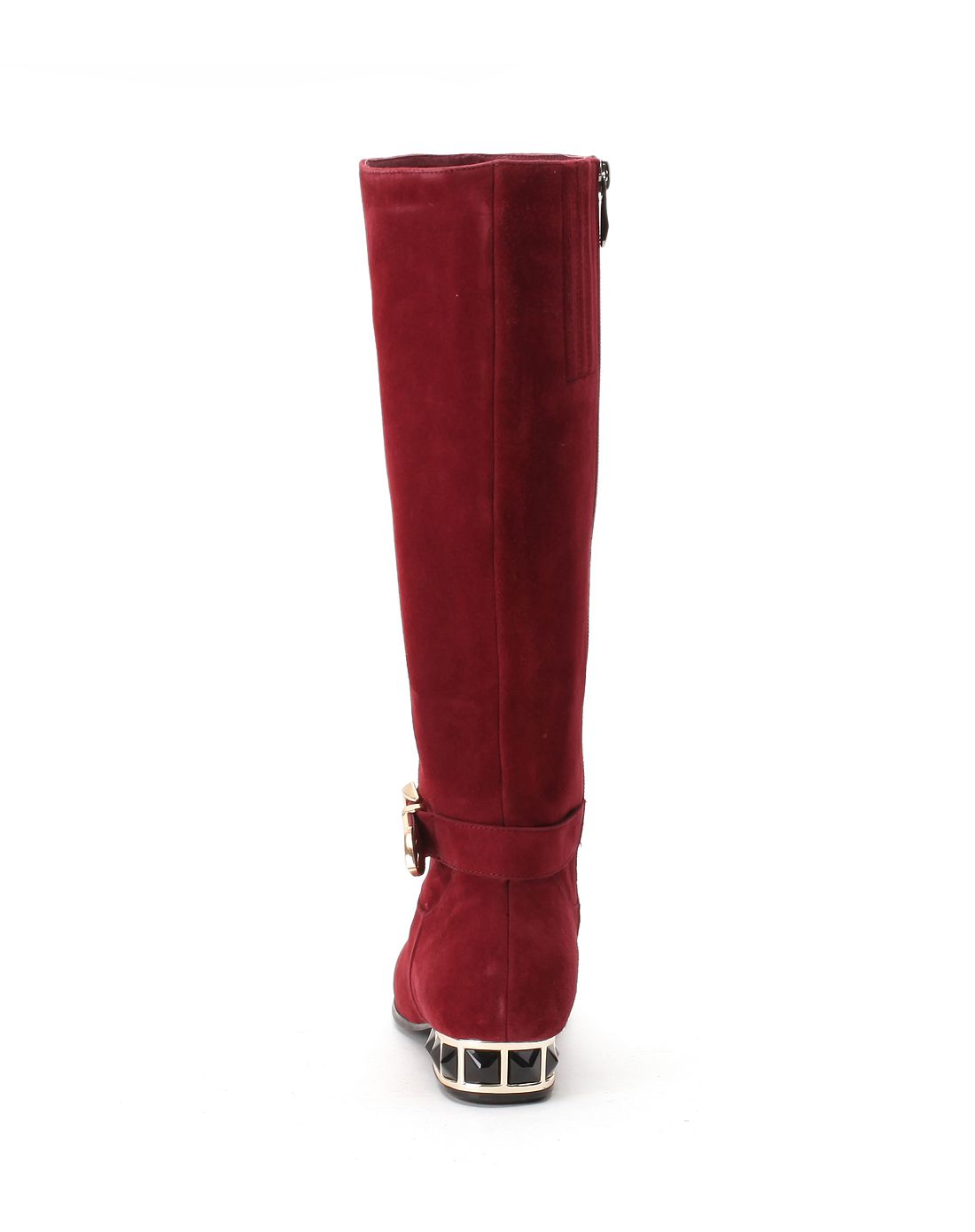 通勤酒红色羊绒皮高筒靴