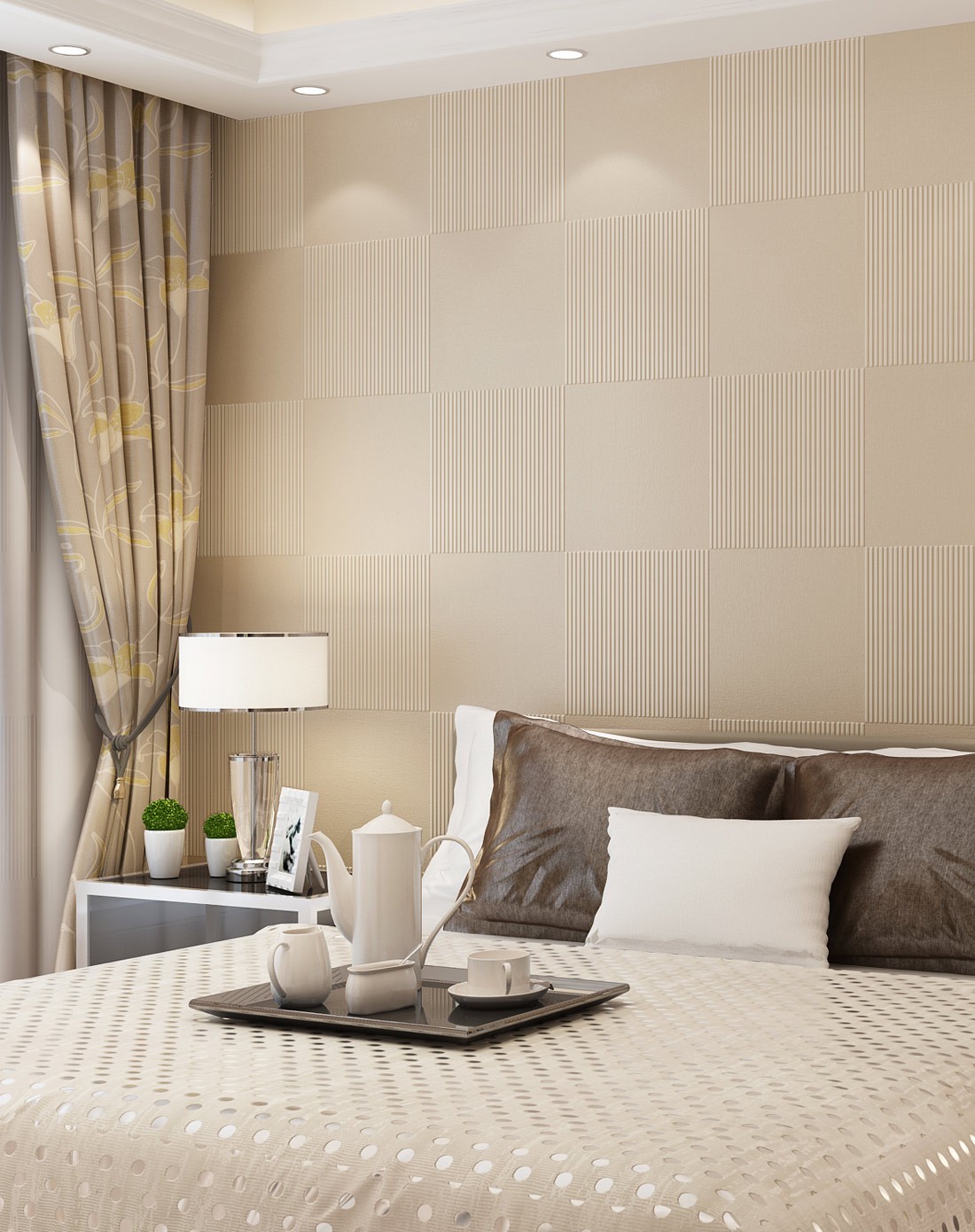 欣旺压纹极致简约方格pvc墙纸-杏色