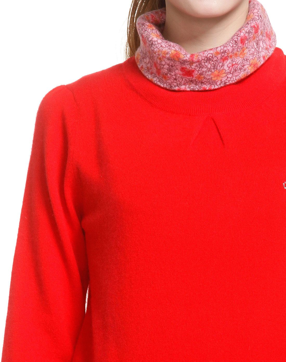 女款艳红色堆领长袖100%山羊绒衫