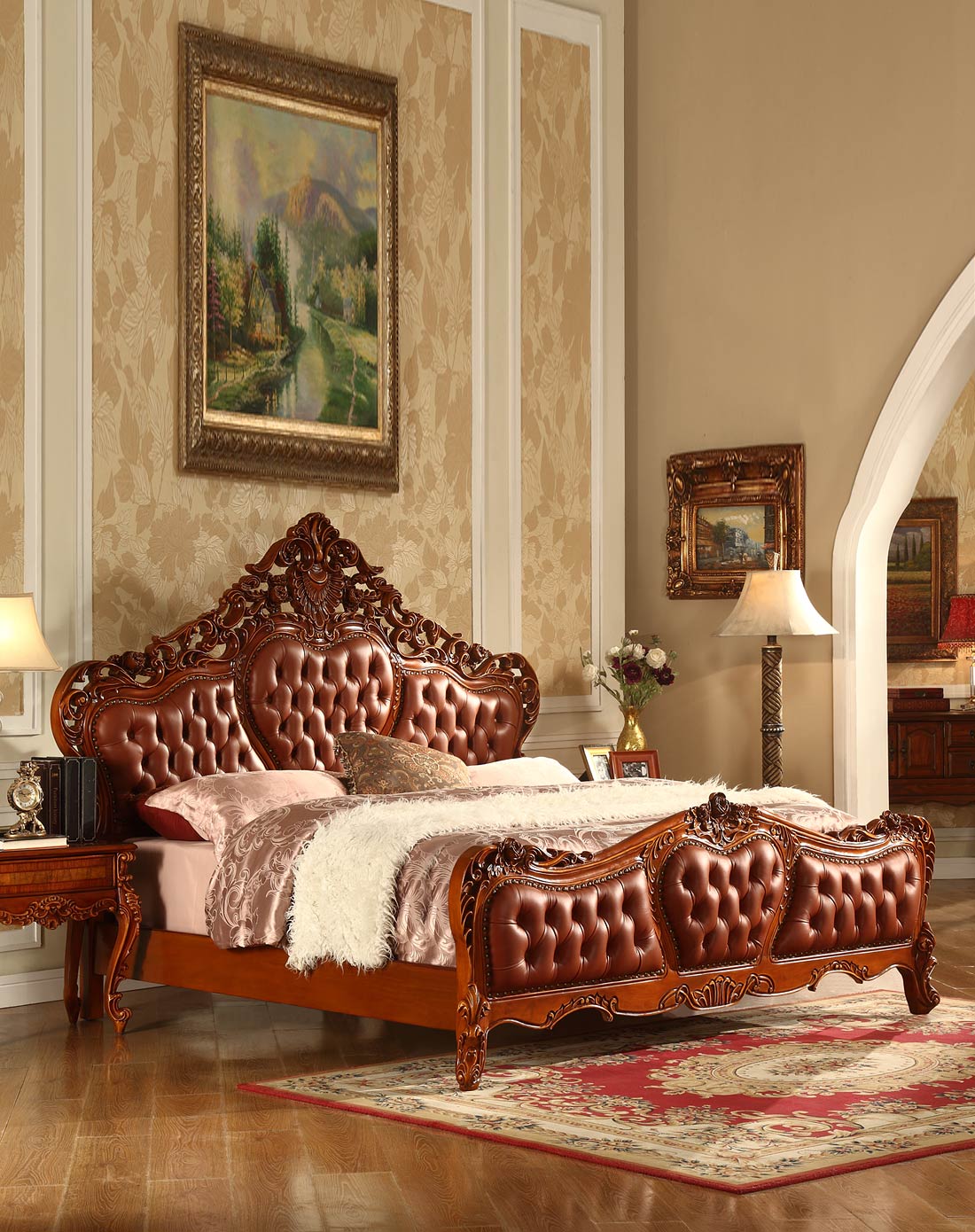 美式乡村实木真皮雕花床 1.8m