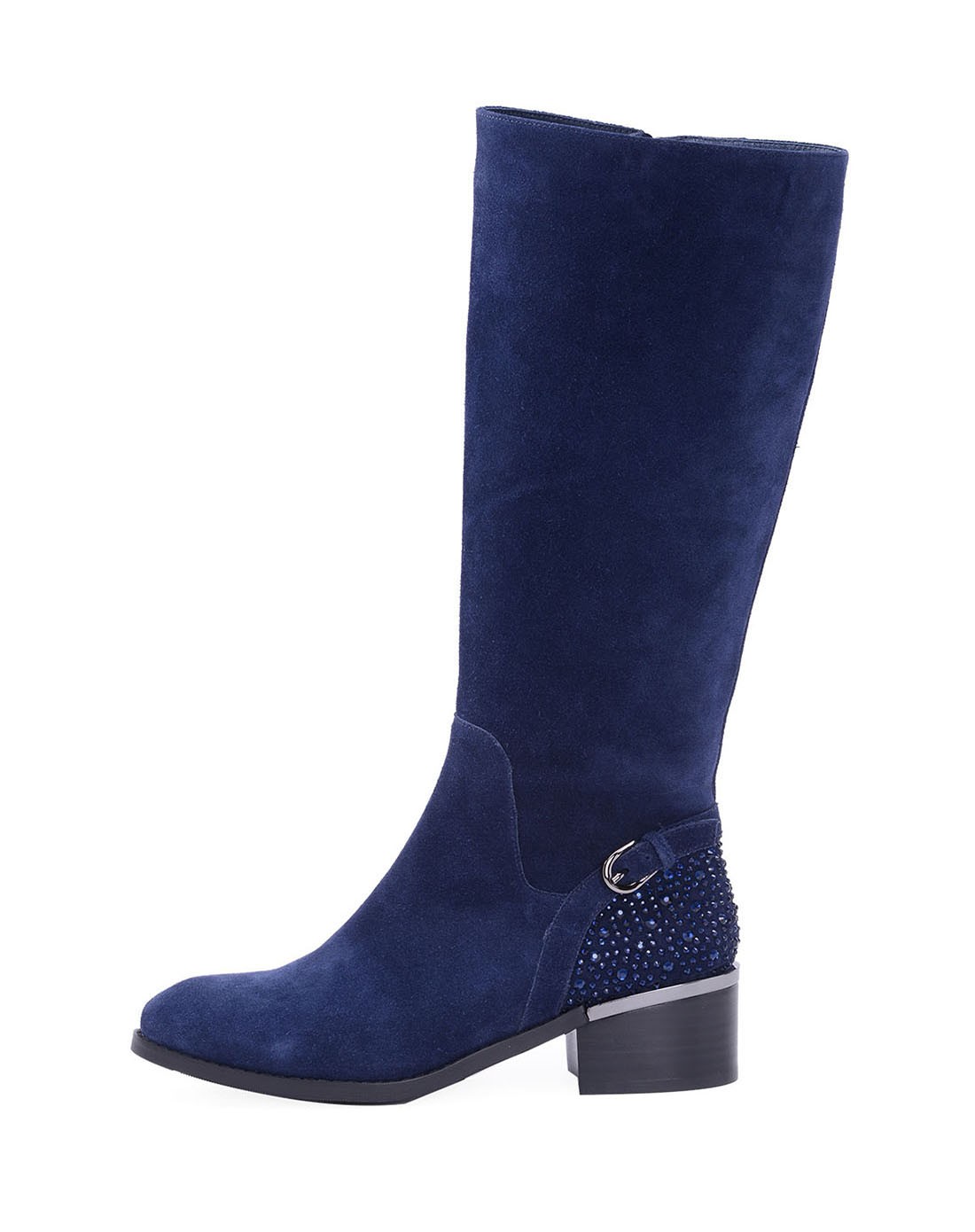 哈森女款深墨蓝色牛皮二层革中高靴