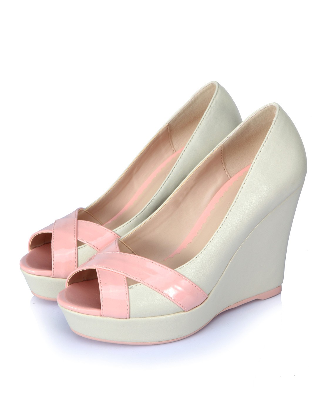 粉色ol风拼接舒适鱼嘴坡跟单鞋