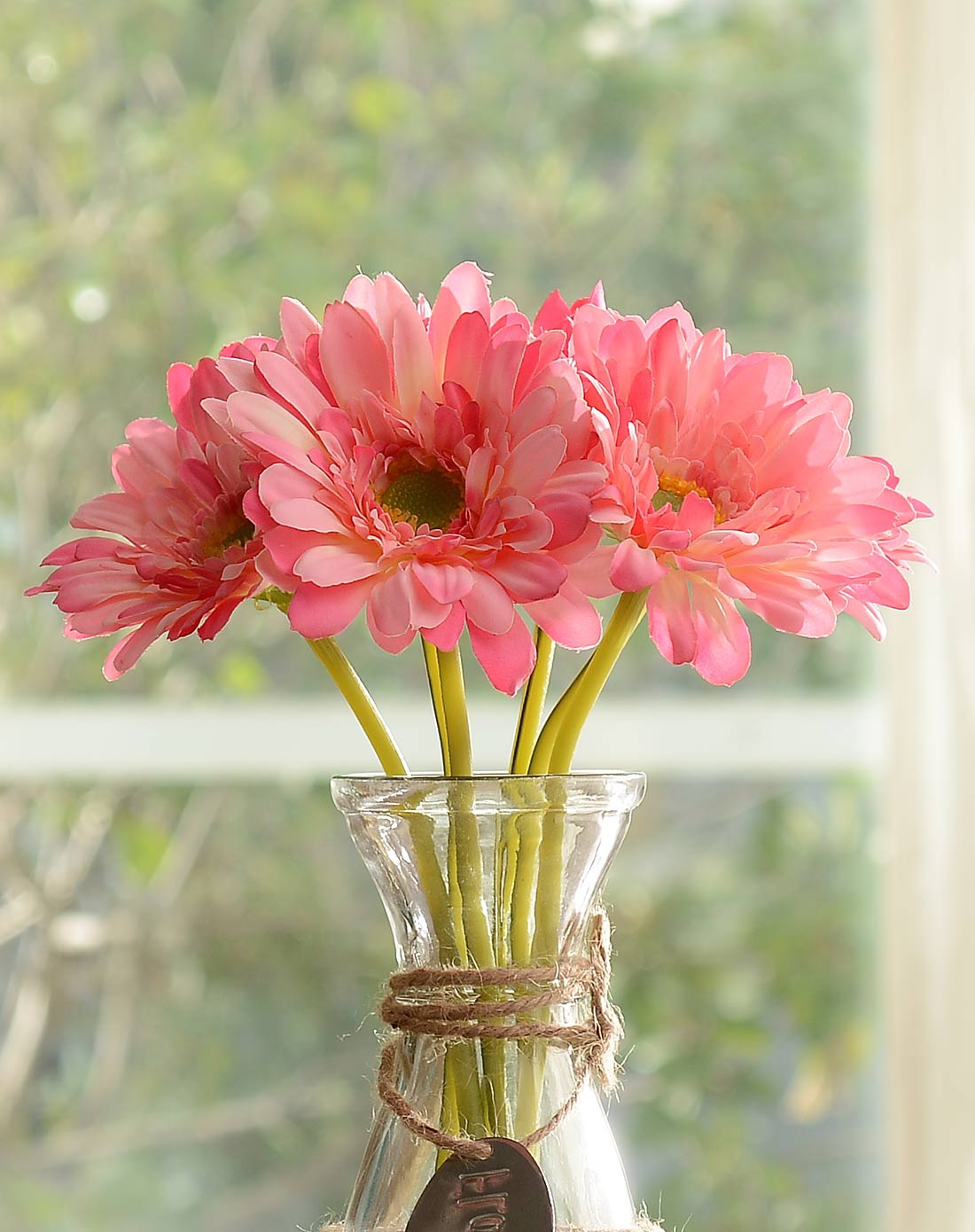 整体仿真花艺摆件 麻绳玻璃瓶非洲菊仿真整体花艺 粉色