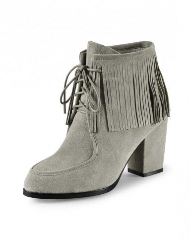 2015冬季 灰色羊猄粗跟系带圆头流苏靴