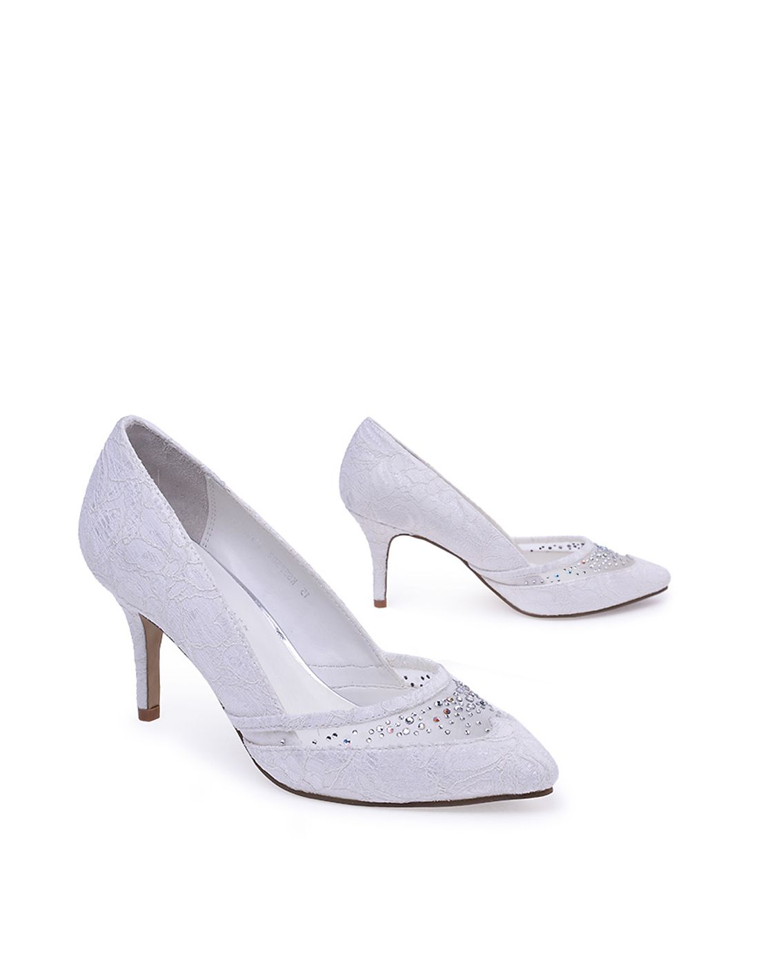 卡迪娜kadina女鞋专场 kadina欧美白色/米白色蕾丝布/细格网高跟水钻