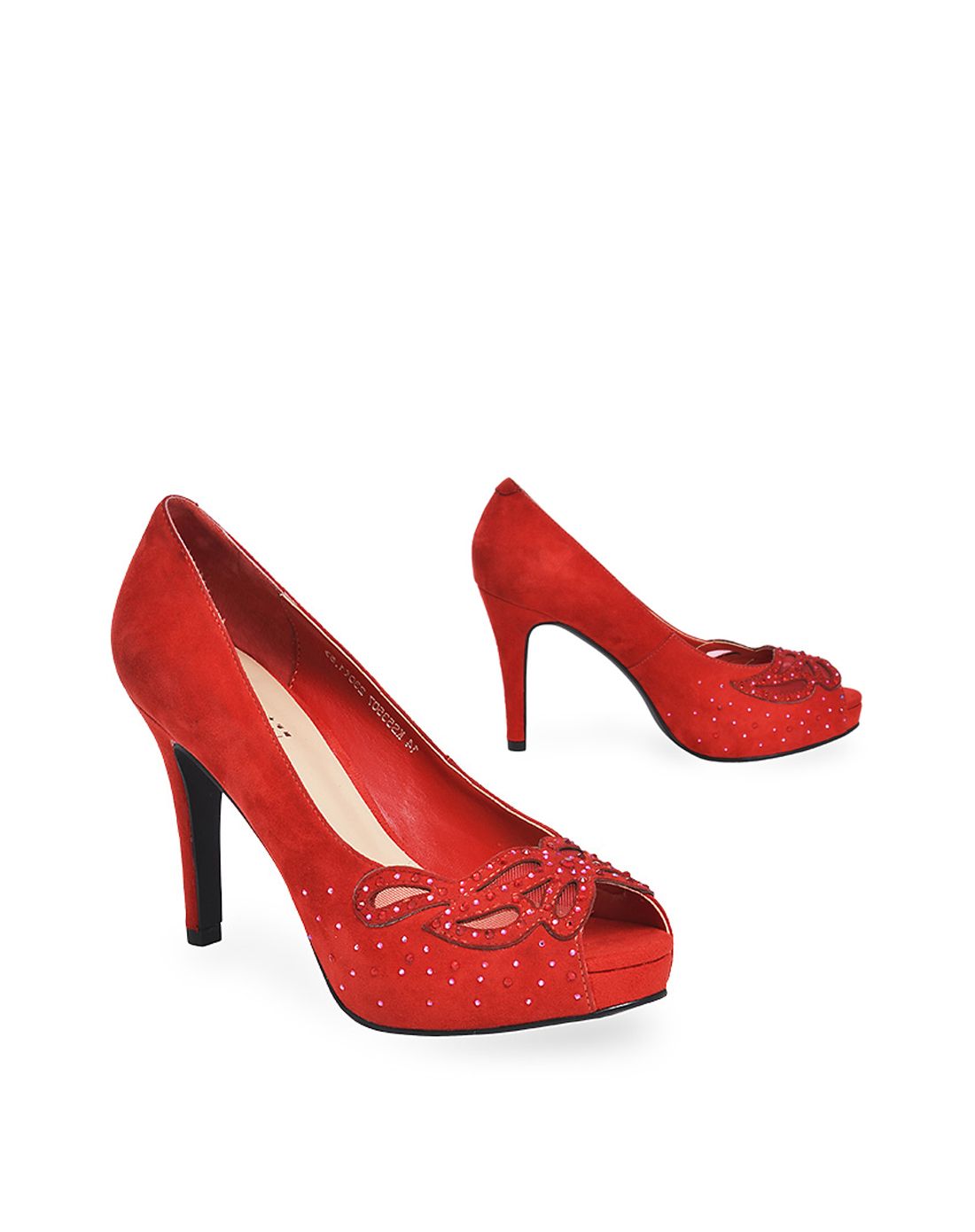 kadina职业大红色羊皮绒面革超高跟水钻鱼嘴单鞋