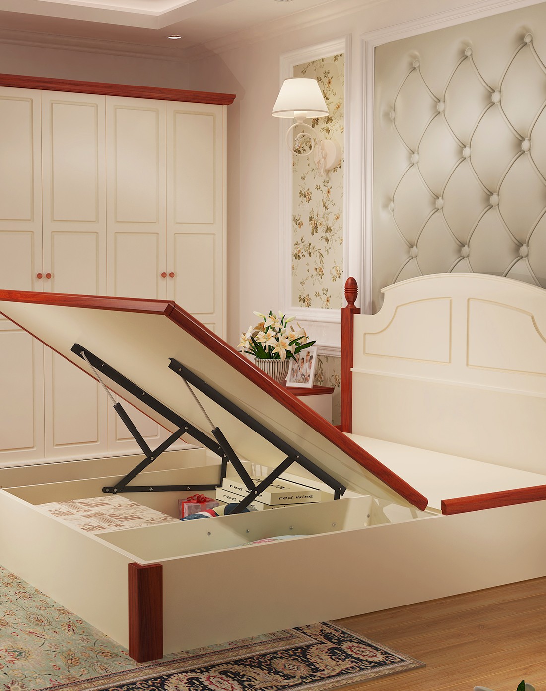 > 1.5米美式乡村珍珠白实木板式高箱床