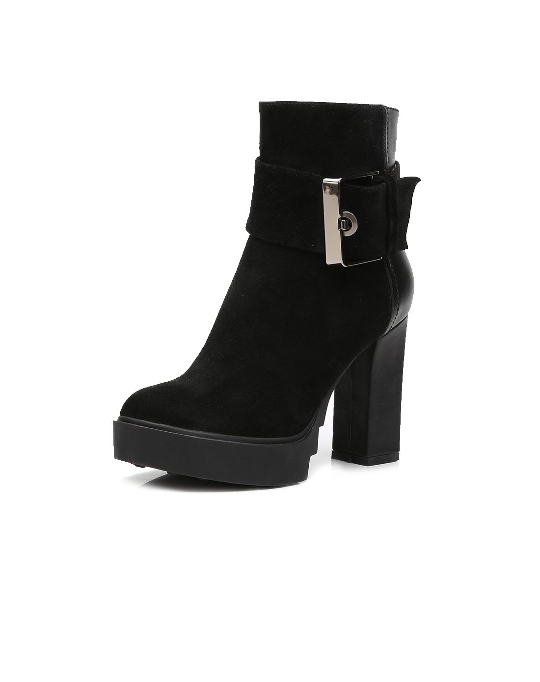 黑色牛皮/羊京侧拉链短筒皮靴