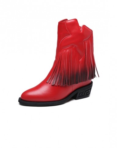 红色牛皮尖头内拉链流苏潮靴