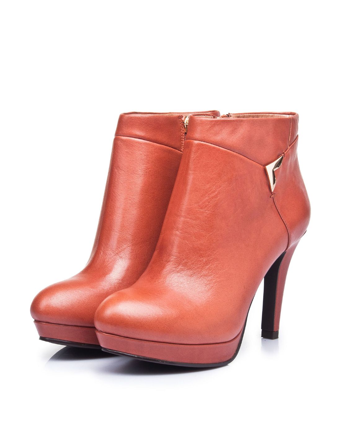 女款深红棕色水晶牛皮高跟矮靴