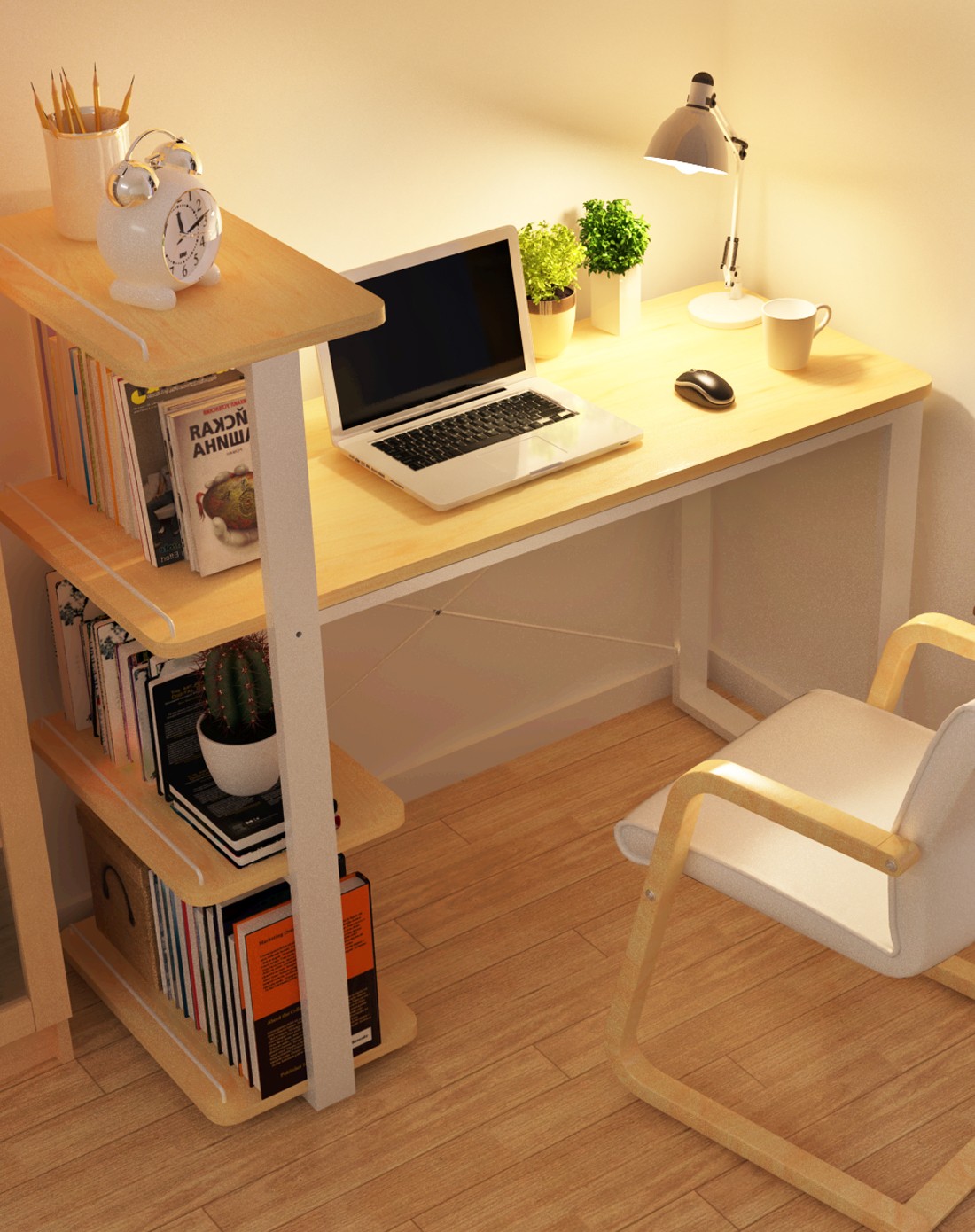 科尔连体书桌,置物层板可左右置换木纹色