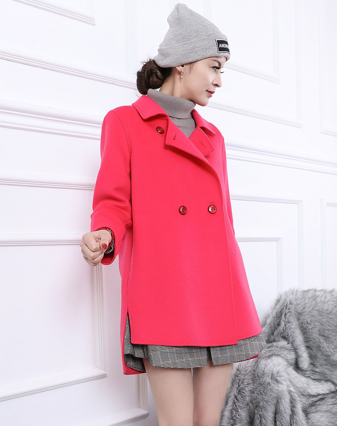 女款茜红色简约大方双面呢纯羊毛大衣
