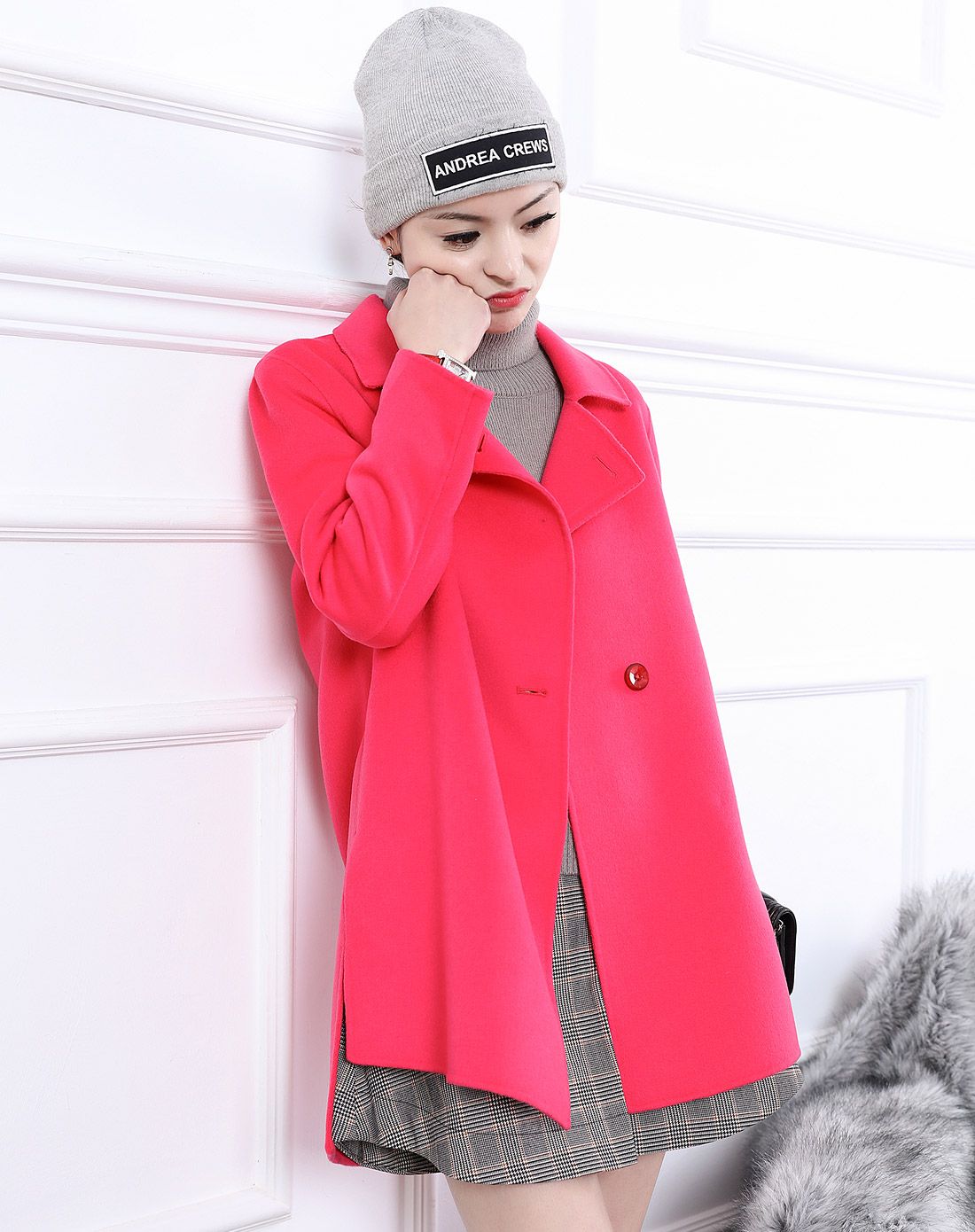 女款茜红色简约大方双面呢纯羊毛大衣