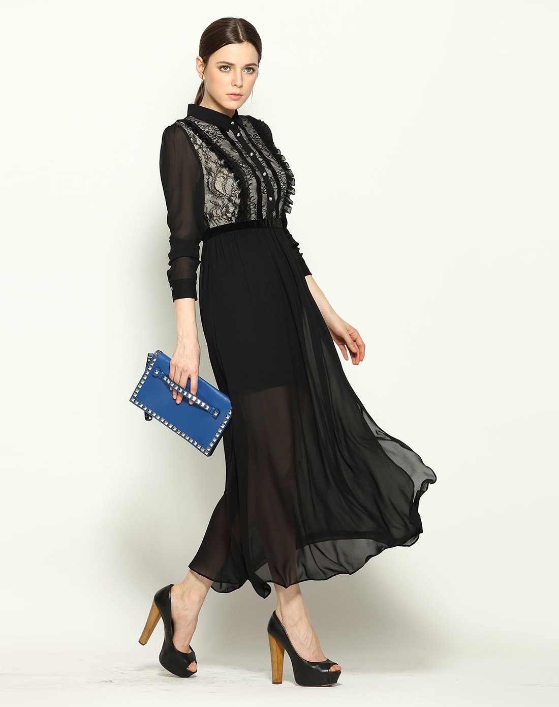 透视薄纱淑女黑色连衣裙