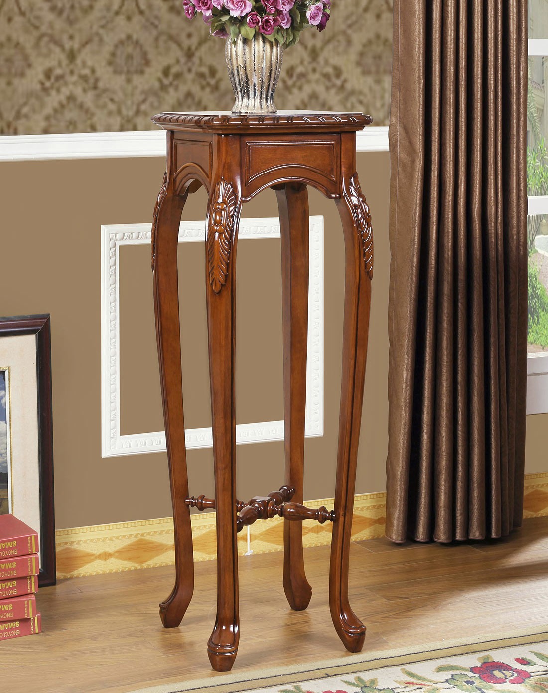 美式实木雕花复古花架