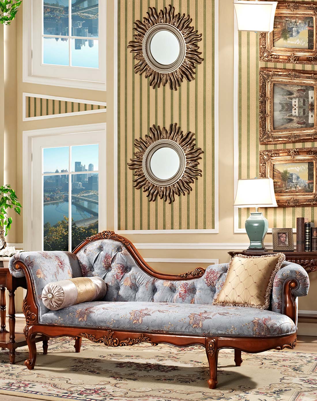 美式实木布艺贵妃榻沙发躺椅